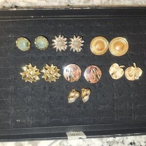 Vintage Clip On Earring Lot 7 Pairs Gold Silver Tone Enamel Floral Geometric